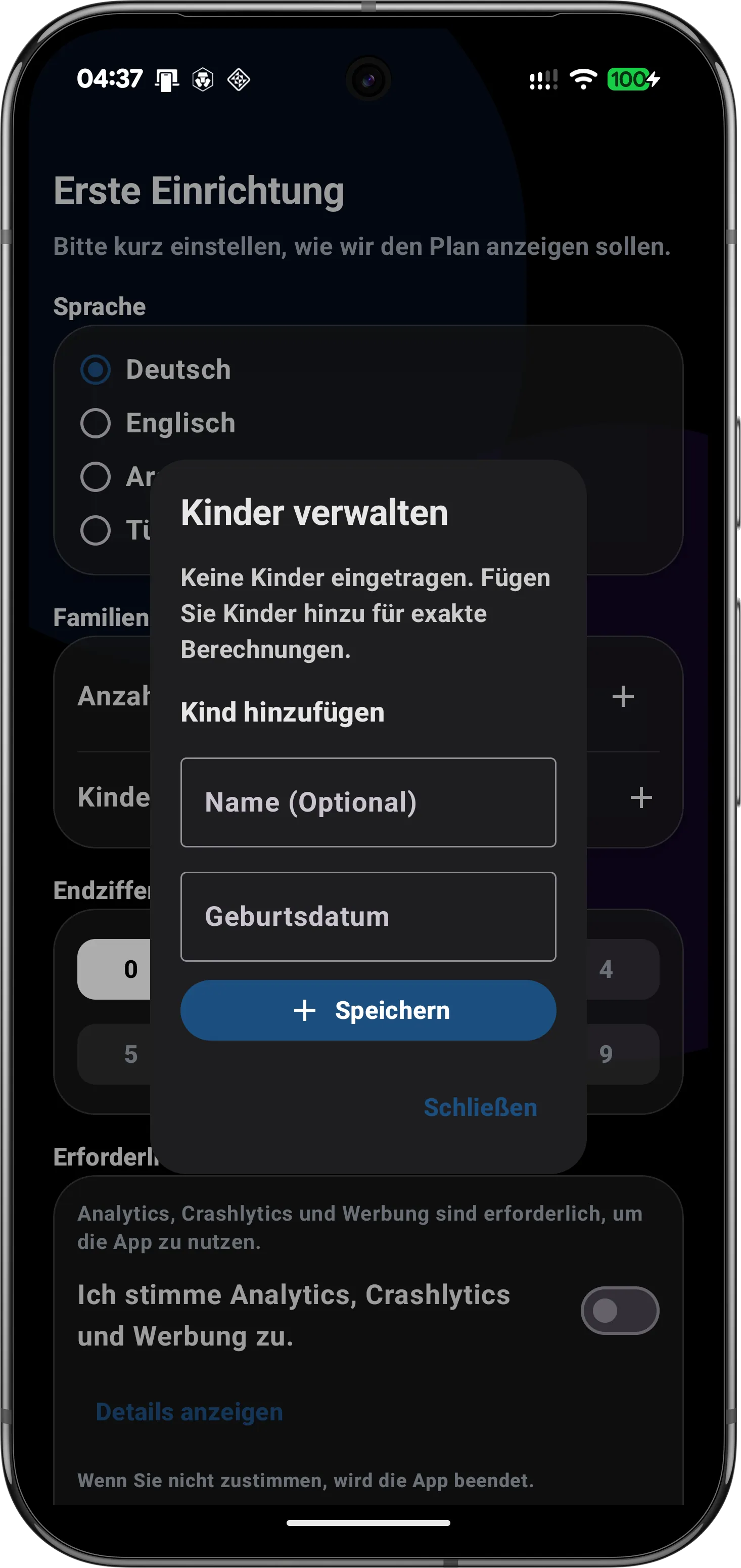 Kindergeld App: Kinder verwalten und Geburtsdaten für genaue Berechnung hinzufügen